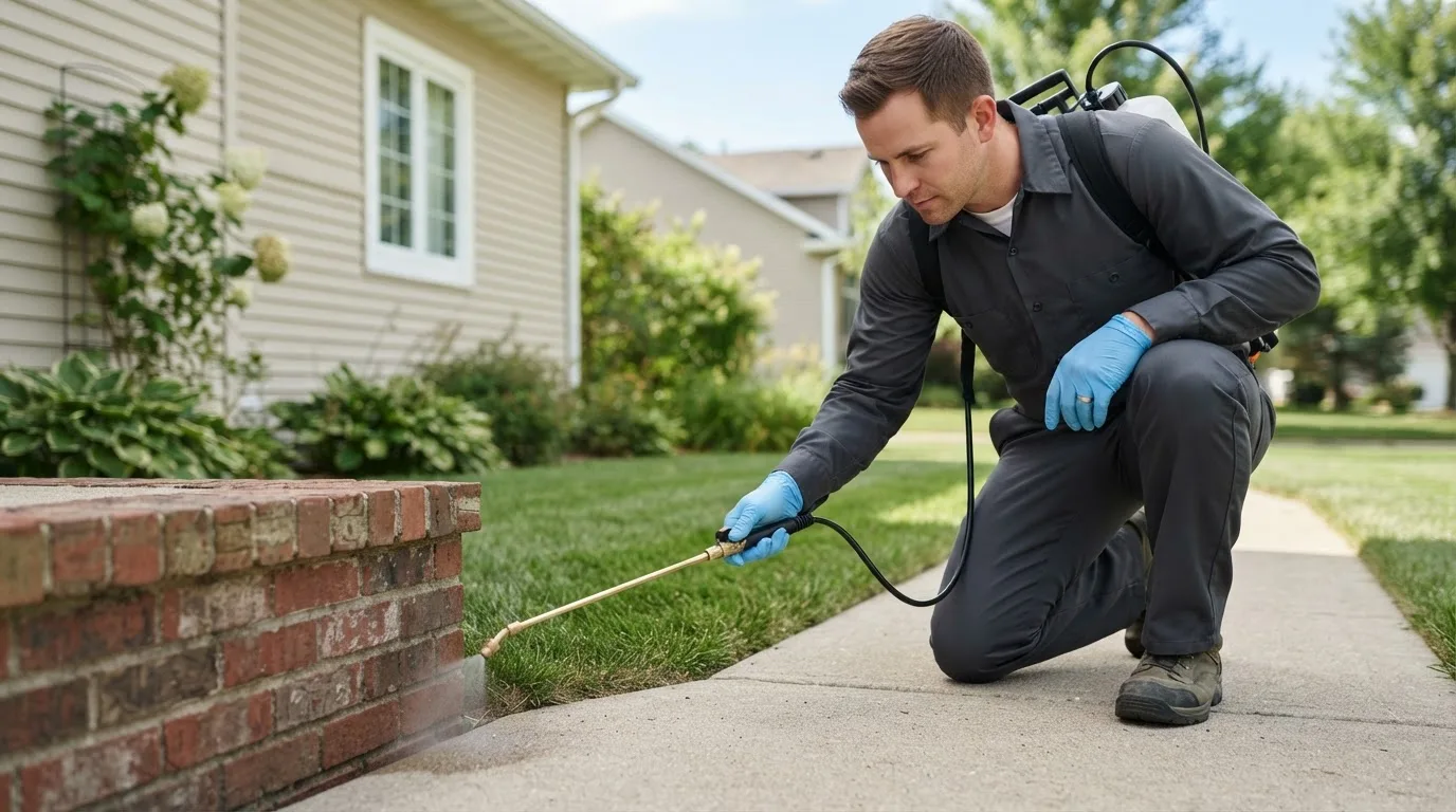 Pest control technician treating a home near Wann, OK
