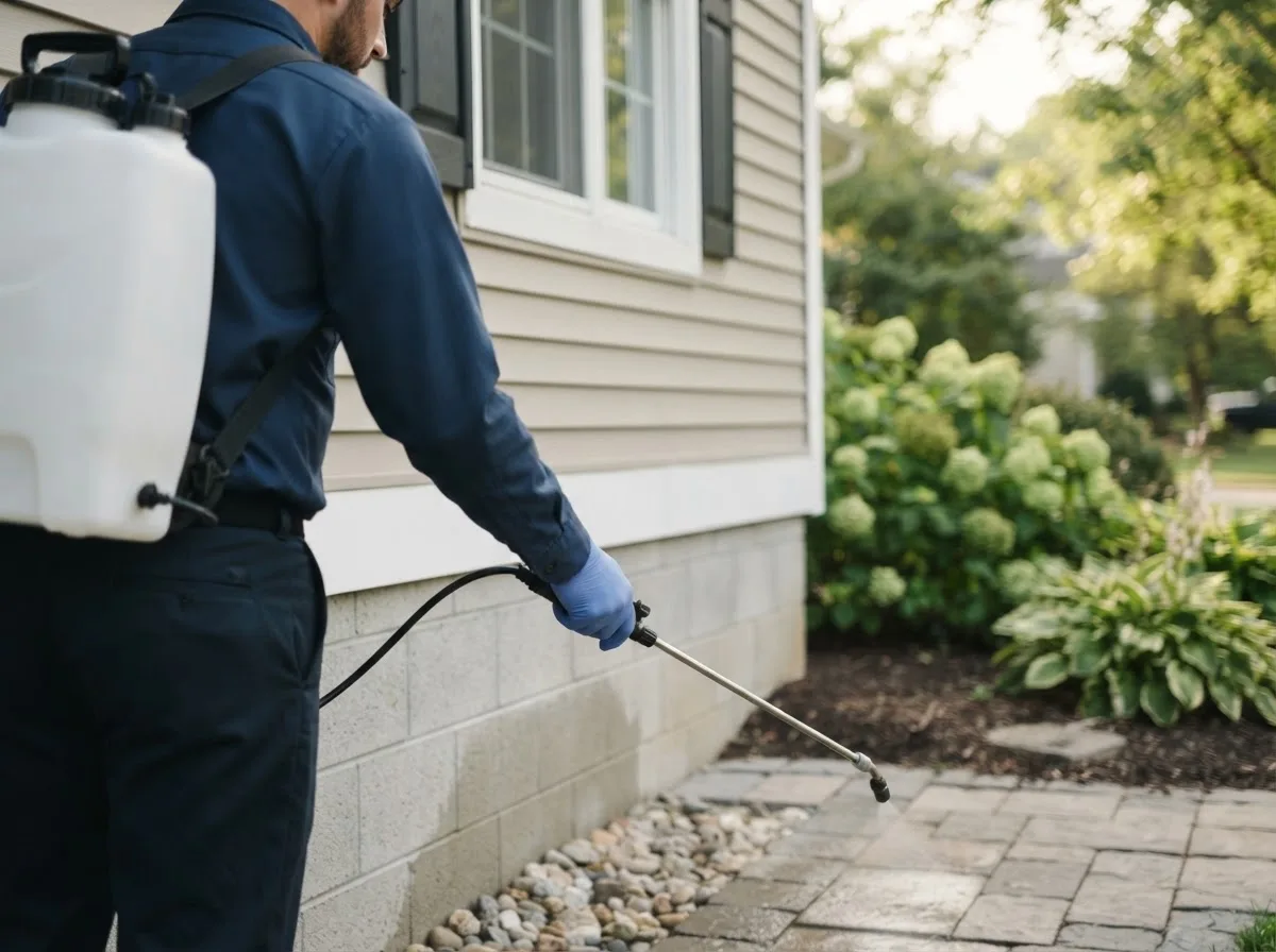 Pest control technician inspecting a home in Wann, OK
